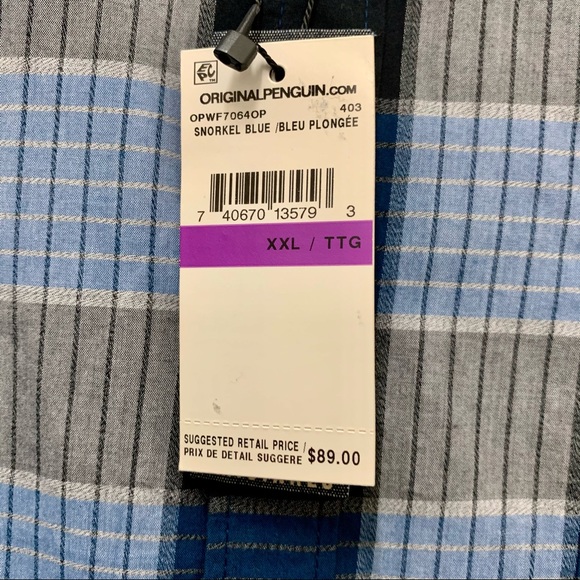 Penguin Plaid Blue Long Sleeve Shirt 55 Slim XXL - Picture 5 of 6